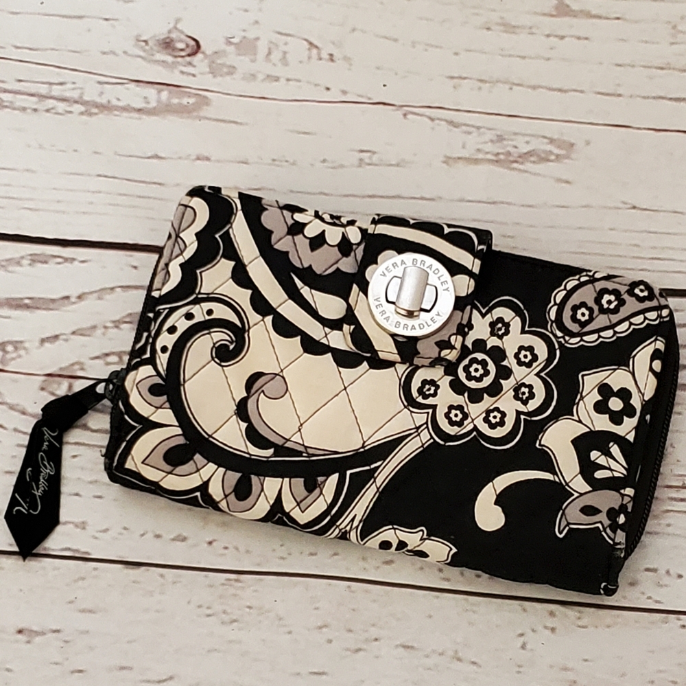 Vera Bradley Midnight Paisley print turn lock wallet black and white